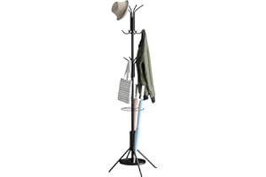 Coat Rack with Umbrella Stand – Stable Freestanding Stand Modern Wrought Iron, 19.7" W x 71.65" H, 12 Hooks, Black, Minimalis