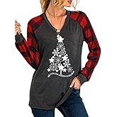 V Neck Christmas Shirt for Women Merry Bright Believe Snowman Tree Graphic Plaid Long Sleeve Blouse Casual Festival Tops