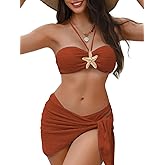 EHSUYAB Sexy Womens Starfish 3 Piece Bikini Set, Textured Halter Bandeau Swimsuit Cover Up Skirt, Bathing Suit Beach Outfits