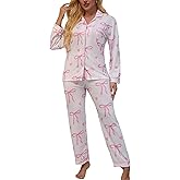 Pajamas for Women Set 2 Piece lounge sets Long Sleeve Button Down Loungewear Bow Print Sleepwear Soft Pj,Chest Pocket(S-XL)