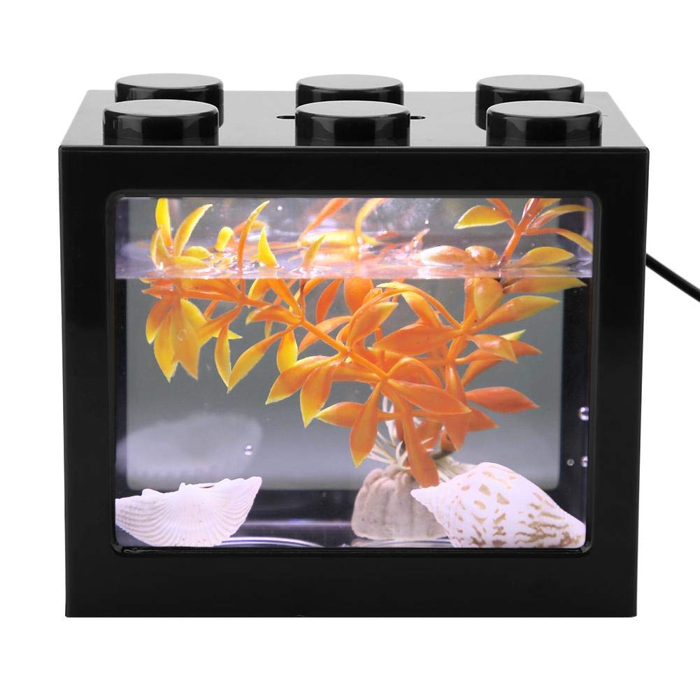 Aquarium Fish Tank Decorative Mini Aquarium USB LED Light Lamp Fish Tank Desktop Lamp Fish Tank for Box Office Tea Table Decor(Black)