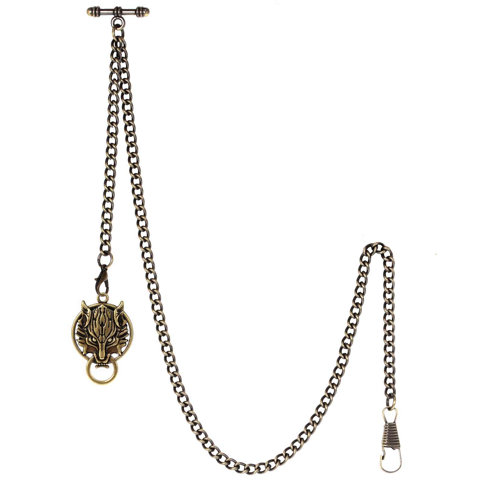 TREEWETO Men's Albert Chain Pocket Watch Curb Link Key Chain 2 Hooks with Antique Wolf Bronze Pendant Design Charm Fob T Bar