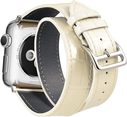 Ribivaul Leather Watch Bands Compatible with Apple Watch 42mm/44mm Double Tour Crocodile iwatch Strap Replacement Band with Stainless Steel Adapter ...