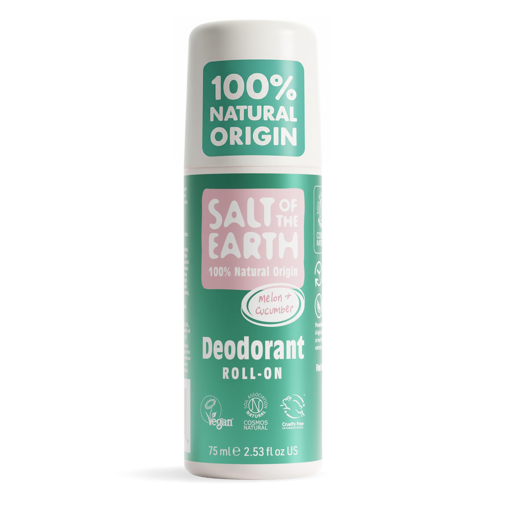 Salt of the Earth - Natural Deodorant Roll On - Melon & Cucumber - Vegan Formula with Effective Long-Lasting Protection, Made in the UK - Suitable for Women, Men & Kids - 75ml