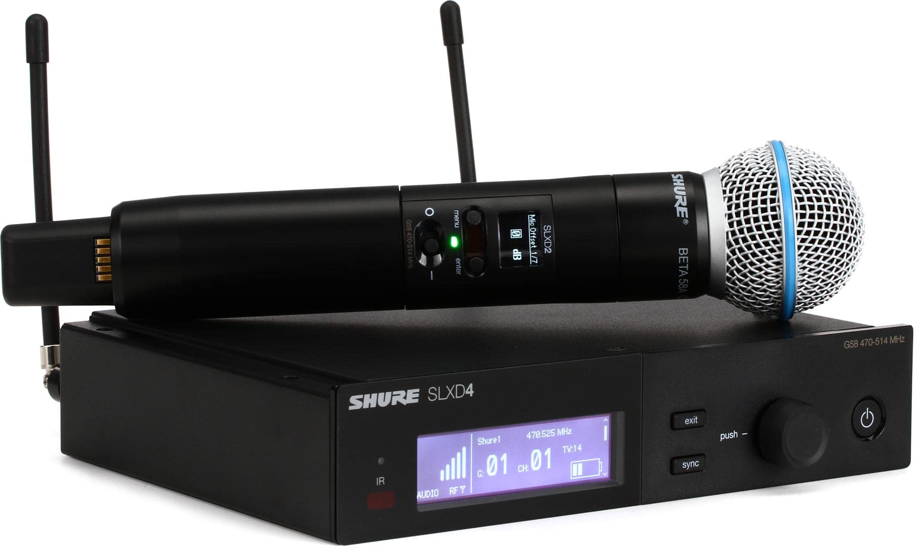 Shure SLXD24/B58 Digital Wireless Microphone System - Includes SLXD2 Handheld Transmitter with BETA 58A Vocal Mic Capsule and SLXD4 Single Channel Rack Mount Receiver | G58 Band (SLXD24/B58-G58)