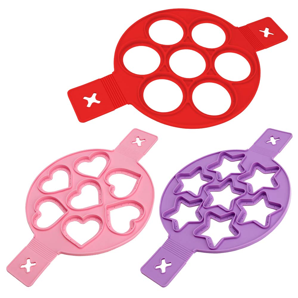 Pancake Mold Maker, 3 Pack BicycleStore Silicone Baking Mould Reusable Fried Egg Ring Nonstick Silicone Round Egg Rings BPA-Free Heart Star Shape for Pot, Pan, Stovetop, Microwave