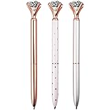 LONGKEY 3PCS Diamond Pens Large Crystal Diamond Ballpoint Pen Bling Metal Ballpoint Pen Office and School, Silver / White Ros