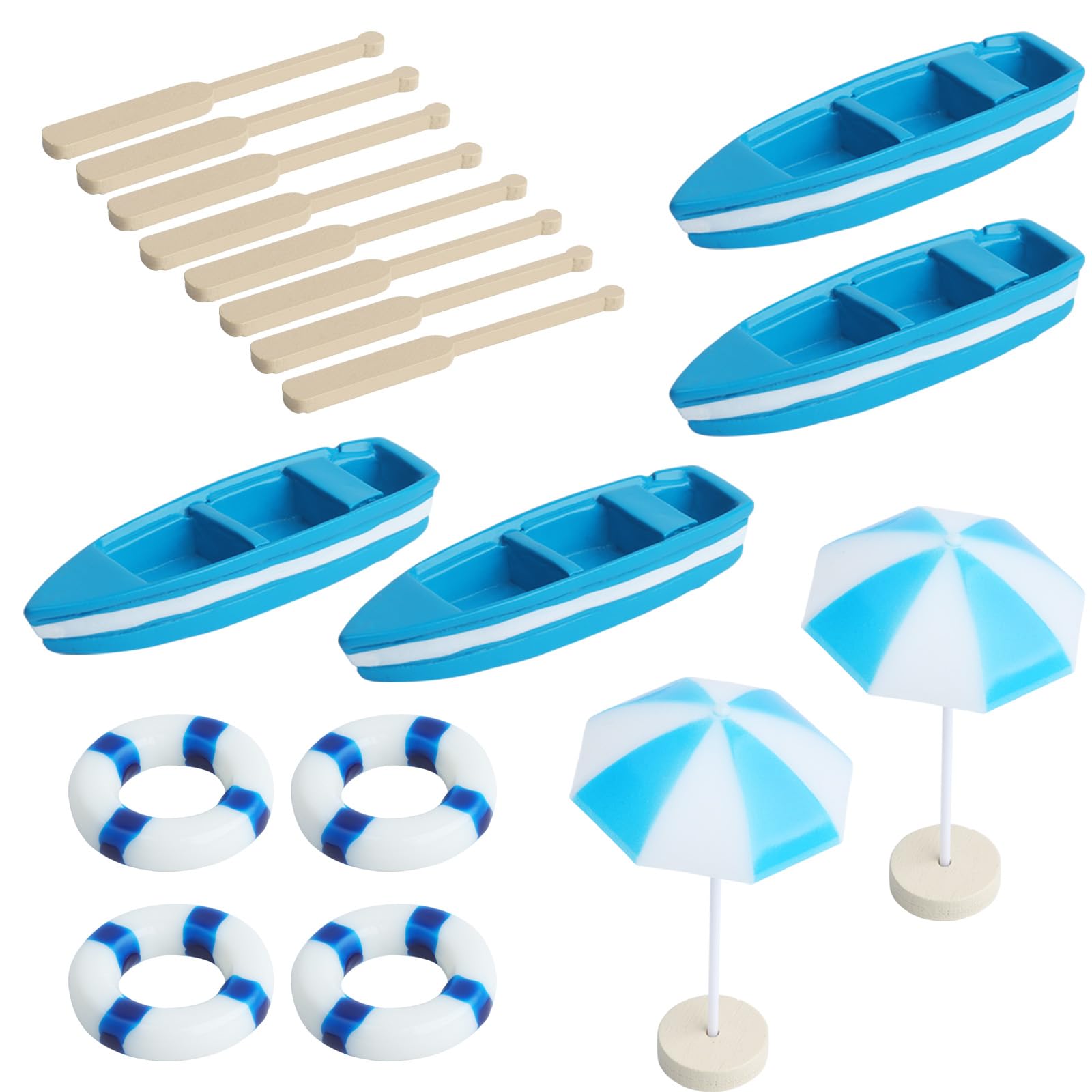 Photo 1 of 4 Sets of Miniature Rowboat Mini Blue Boat with Oars Figurines Micro Landscape Life Buoy Blue Beach Umbrellas Canoe Models Ocean Beach Scene Ornaments