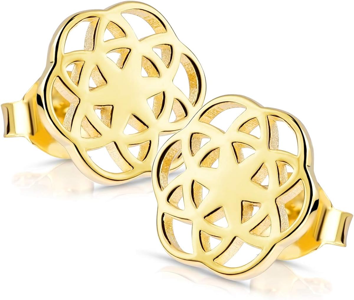 Materia Flat Stud Earrings 925 Silver Women's Mandala Earrings, Flower of Life, 10 mm, Round, Rhodium-Plated or Gold-Plated Gold - Image 3