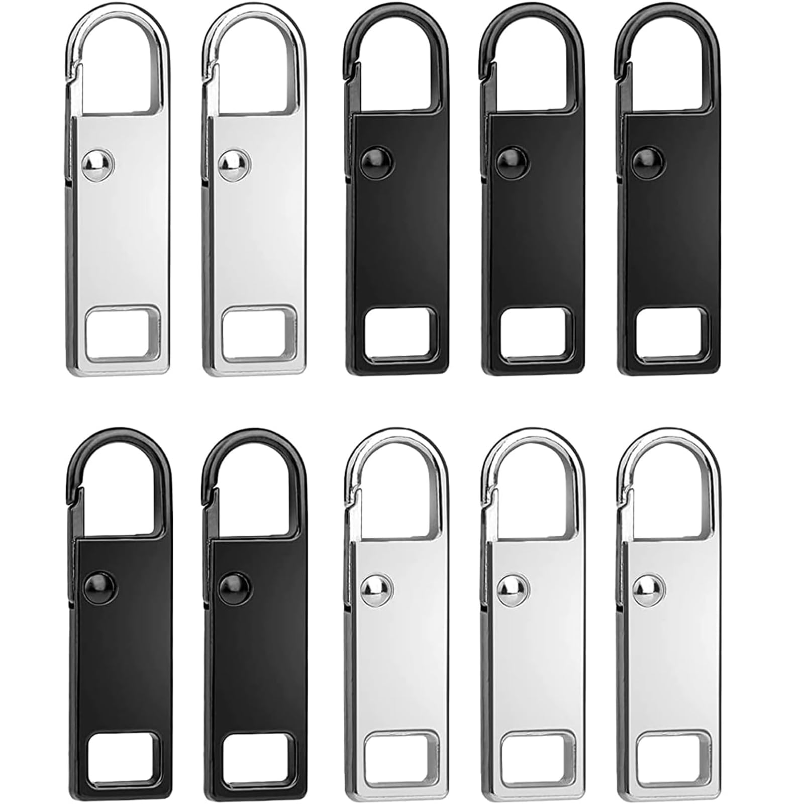 DEVENTORZ ファスナー 引き手 交換用 ファスナー 修理 ファスナー スライダー 交換用 引き手 金属製 ジッパー 持ち手 部品 ジッパー修理キット 合金 ジッパーパーツ 交換 ファスナー修理用 リュック 財布 衣類 ブーツなど DIY 手芸 手作り 裁縫 取り付け簡単 10個セット（ブラック＋シルバー） の商品画像