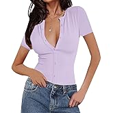 INFITTY T Shirts for Women Short Sleeve V Neck Ribbed Knit Button T Shirts Solid Color Summer Tops