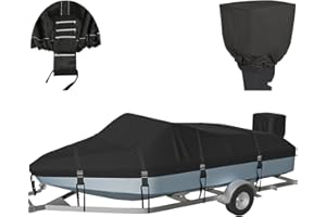 Nukugula Ture 900D Solution-Dyed 100% Waterproof Boat Cover 16-18.5ft, Heavy Duty Trailerable Bass Boat Cover 16-18.5 Foot V-Hull Tri-Hull Runabout Pro-Style Fishing Boat Cover with Motor Cover
