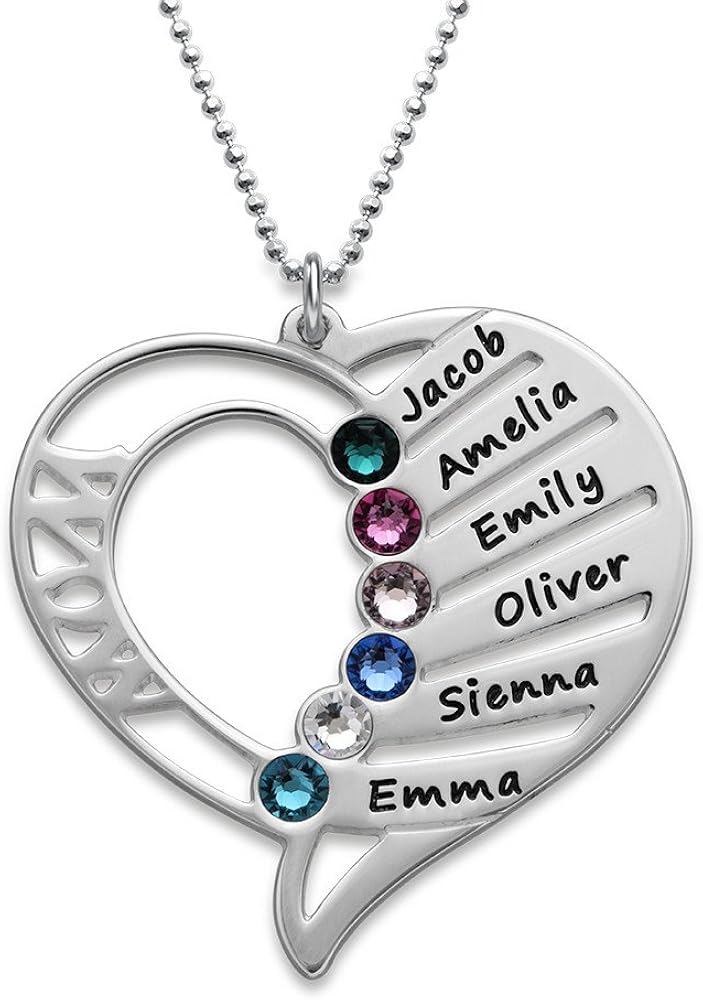 MyNameNecklace Engraved Mom Necklace with Swarovski Crystals-Personalized Heart Pendant-Precious Metals Sterling Silver&Gold Mother Day Jewelry Gift Up to 6 Names