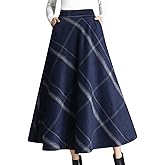 Tanming Women's Winter Warm Elastic Waist Wool Plaid A-Line Pleated Long Skirt