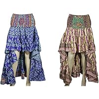 Mogul Interior Shakira Womens Hi Low Beige,Blue Skirts Silky Bohemian Ruffles Printed Summer Dress 2pc
