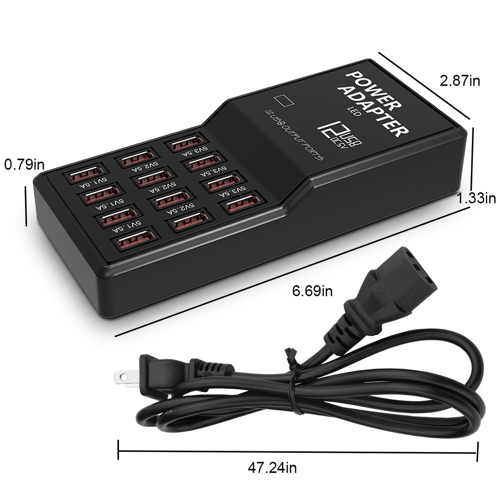 Merkmak Multi Port USB Charger, 12-Port 60W/12A Desktop USB Charging Station for iPhone X/8/7/6s/Plus, iPad Air 2/mini 3, Samsung Galaxy S6/S6 Edge and USB-Powered Devices