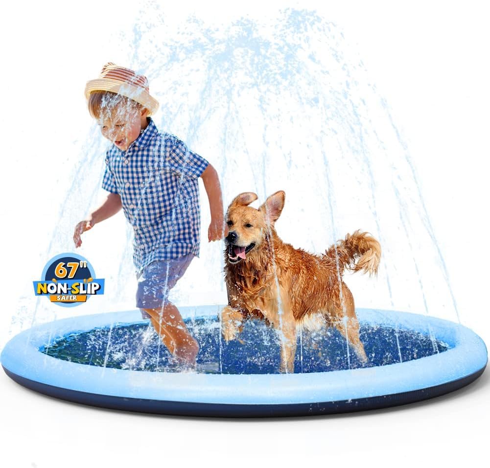 Dog Pool,Dog Splash Sprinkler Pad,Thickened Anti-Slip Splash Mat for Kids, Child dog Water Play Toy,Bath Pool,Durable Inflatable Water Pad Toys for Summer Garden Outdoor Water Play (170cm)