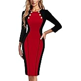 VFSHOW Womens Business Casual Office Work Buttons 3/4 Sleeve Colorblock Cocktail Party Fitted Pencil Sheath Dress