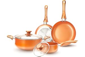 FRUITEAM 6-piece Nonstick Kitchen Cookware Set, Ceramic Coating Cooking Stock / Milk Pot/Frying Pans, Copper Aluminum Pan with Lid, Induction/Gas Kitchenware