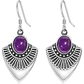 Natural Amethyst Art Deco Dangle Earrings, 925 Sterling Silver Oval Gemstone Earrings, Vintage Geometric Jewelry Gift for Women