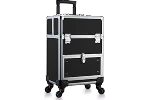 OUDMAY Professional Cosmetic Train Case Aluminum Portable Makeup Storage Case Box with Folding Trays and Universal Wheels Black