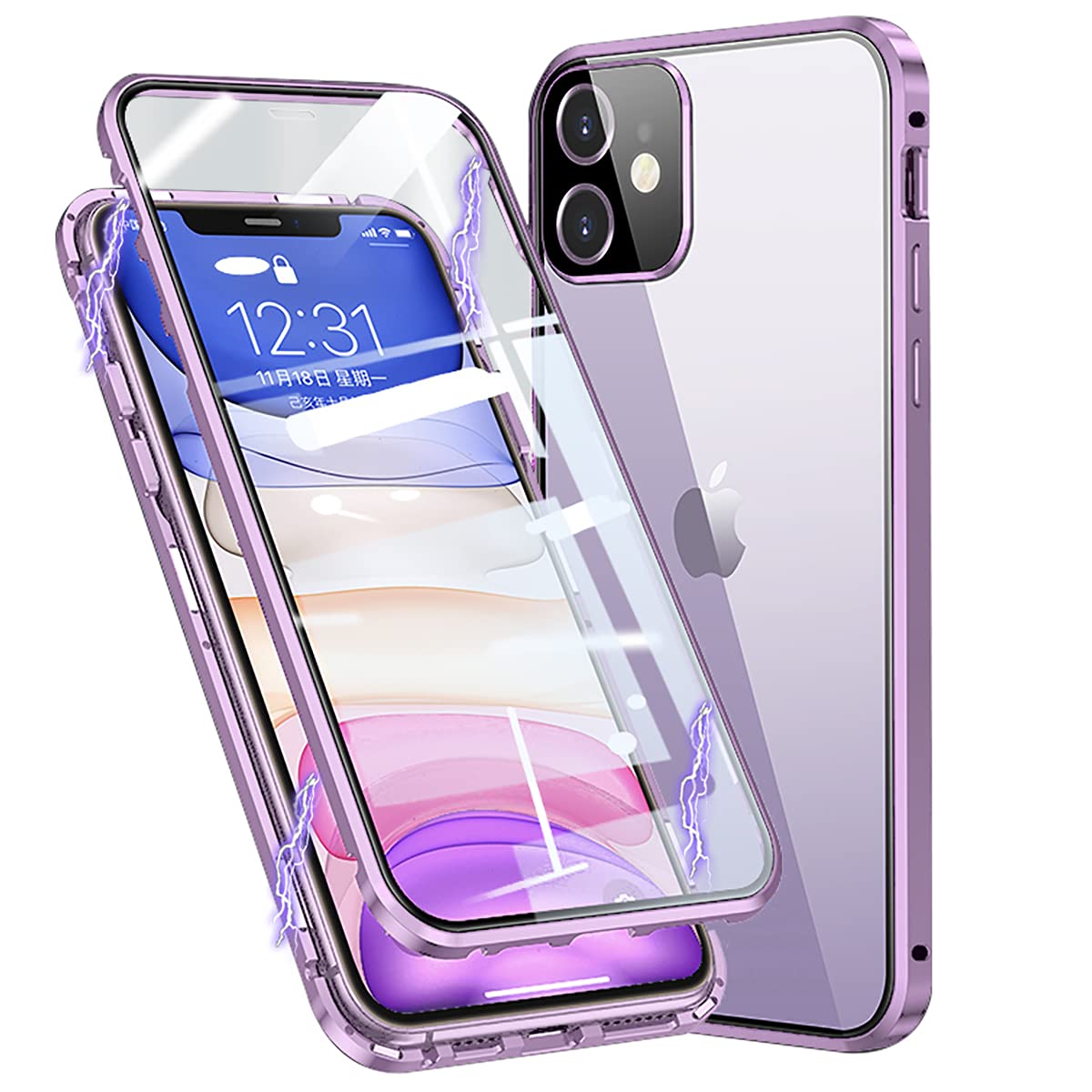 MIMGOAL Case for iPhone 11 Magnetic Cover 360 Degree Full Body Shockproof [Built-in Camera Lens Protector] Metal Bumper with Front and Back Clear Tempered Glass, Purple