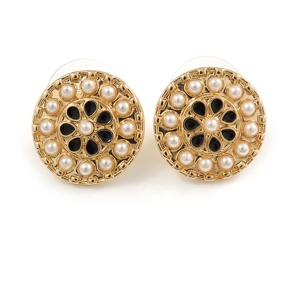 17mm Gold Tone Black Enamel, White Faux Pearl Floral Motif Stud Earrings