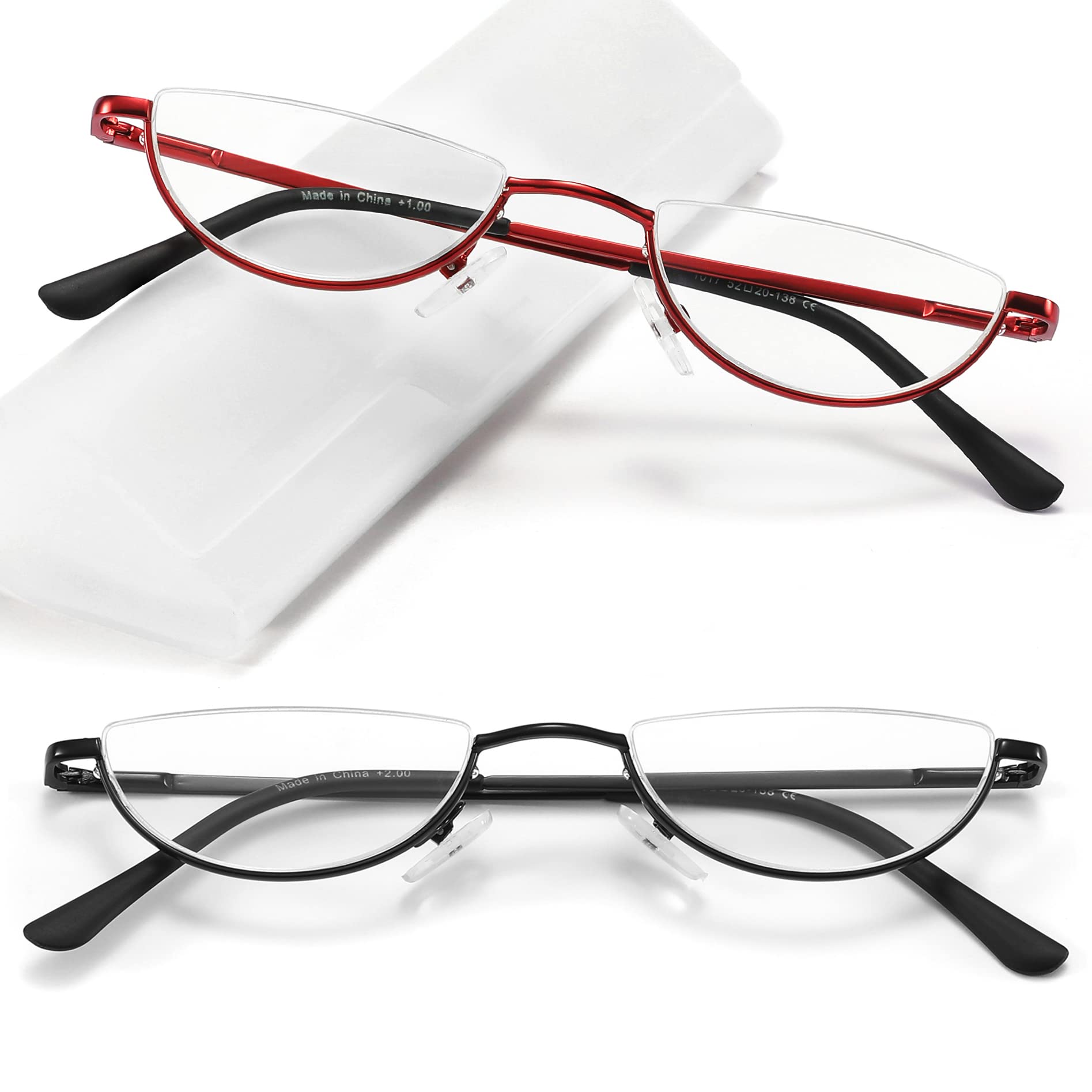 TOVEEN 2 Pack Half Lens Reading Glasses Blue Light Blocking, Half Moon Frame Semi Rim Spring Hinge Readers with Case for Men Women Black/Red +2.0