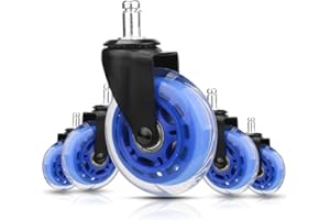 8T8 Replacement Office Chair Caster Wheels 3", Heavy Duty, Set of 5, Soft PU Rubber Casters, Safe for Hardwood Carpet Floors (Blue Transparent)