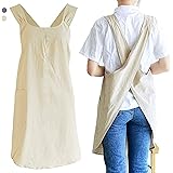 Davnjcka Japanese Cotton Linen Aprons for Women with Pockets Cross back Cute Pinafore Apron Dress for Kitchen Cooking