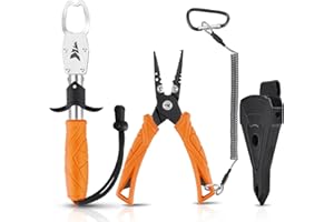 KastKing Fishing Pliers, Fish Lip Gripper or Fish Scale Combo Saltwater Resistant Fishing Tools, Fishing Gear with Rubber Handle, Lanyard, Line Cutter Hook Remover with Sheath, Ice Fishing Gift Men