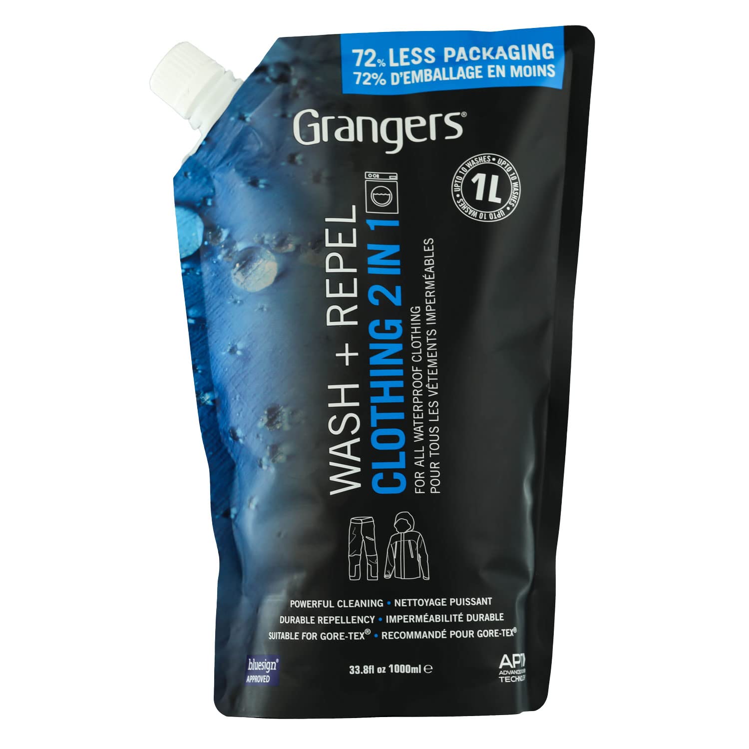 Grangers Wash + Repel Clothing 2 in 1 | Eco Pouch | 1 Litre | Powerful Cleaning Combined with Durable Waterproofing for all Outdoor Clothing