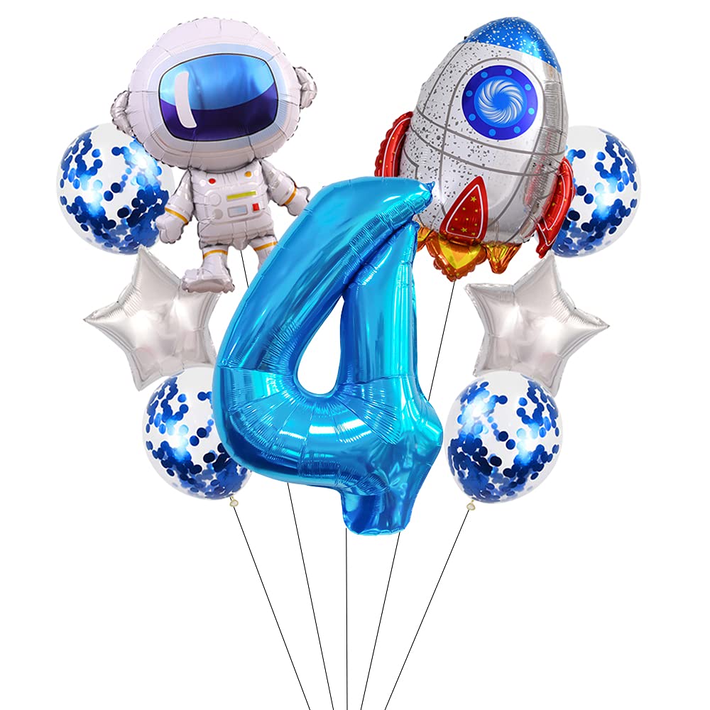 Liitata Outer Space Birthday Party Decorations Spaceman Themed Party Supplies Huge Size Astronaut Rocket Aluminum Balloon 32 Inch Blue Number 4 Foil Balloon for Kids Boy Birthday Party