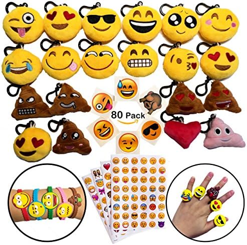 Emoji Party Favors Bracelets, Mini Plush Keychains, Ring, Stickers, Tatoos, Total 80 Pack Toys Party Favors Supplies