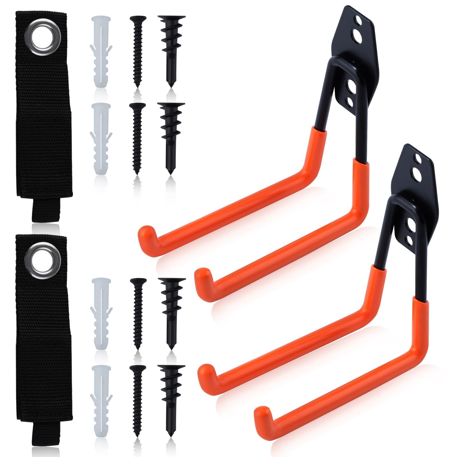 LEONTOOL Heavy Duty Garage Hooks for Hanging Tools, 2 Pack Garage Storage Utility Hooks with Strap, Wall Mount Storage Hanger Organizer for Ladder Extension Cord Tool Cable Ropes, Medium U Hooks