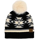 C.C Southwest Pattern Pom Beanie for Women Unisex - Stretchable Soft Warm with Faux Fur Pom Knit Winter Skully Hat