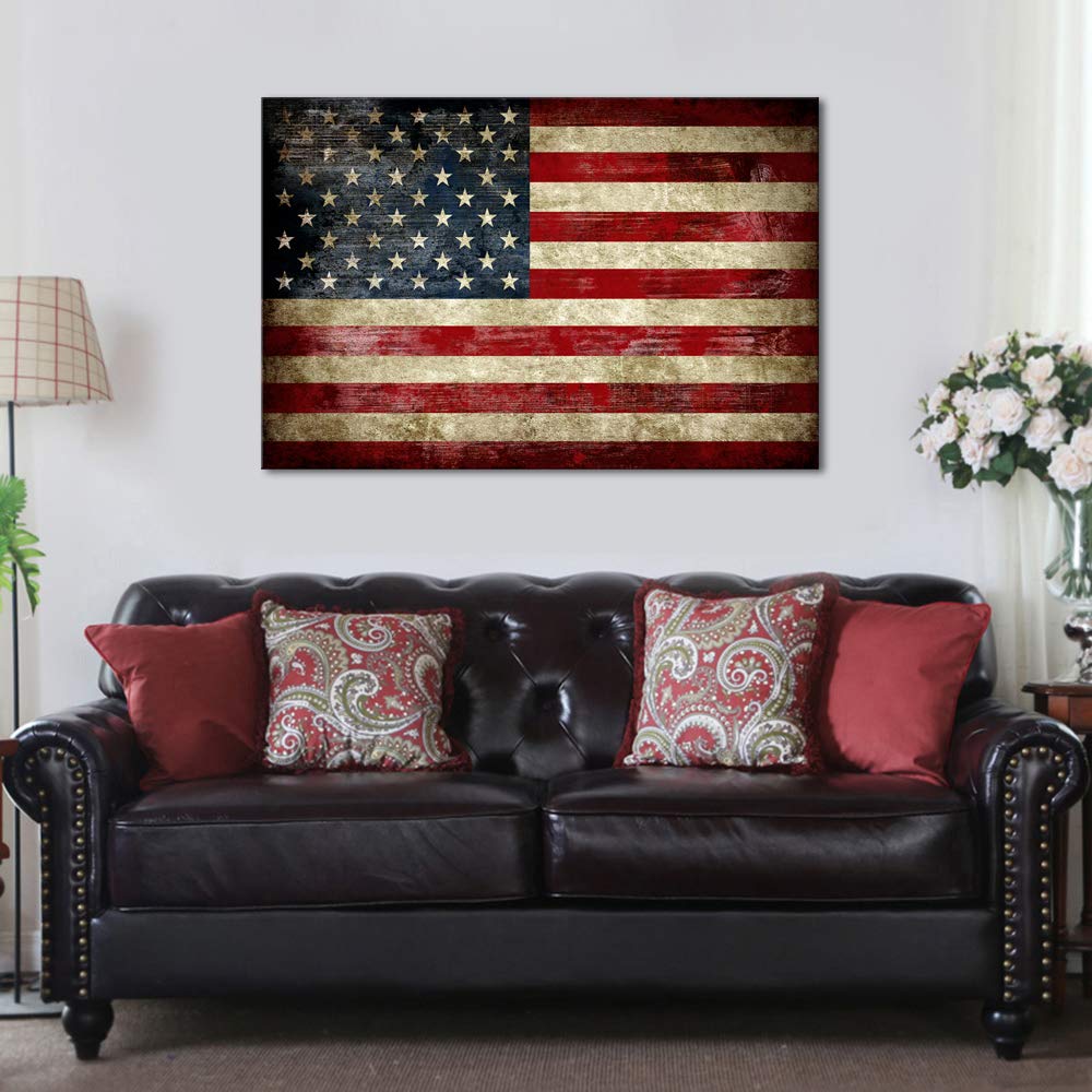 Pyradecor Large Old Vintage American Flag Canvas Prints Wall Art Pictures Paintings for Living Room Office Home Decorations Modern Abstract Landscape Artwork 24" x 36"