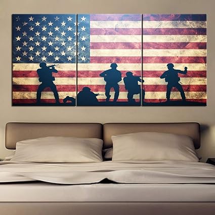 Native American Flag Artwork For Living Room 3 Panel Blue Canvas Pictures Red Stars Stripes Paintings Giclee Patriotism Wall Art Modern Home Decor