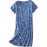 PNAEONG Women's Cotton Nightgown Sleepwear Short Sleeves Shirt Casual Print Sleepdress