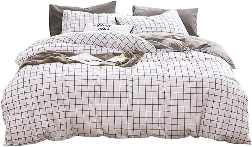 Double Duvet Covers Set Grey and White Grid with 2 Matching Pillowcases, 3PCS Checkered Plaid Bedding Set Double Bed Set Morden Luxury