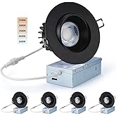 POPANU Canless Recessed Gimbal Downlight - Suitable for 20ft High Ceiling 1200lm 4 Inch 15W LED Rotatable Eyeball Spotlight, 5CCT Dimmable Lights with Junction Box, Anti-Glare, Black 4 Pack