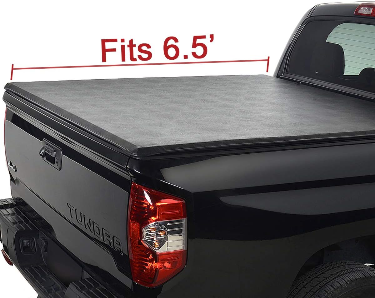 1pc Black Vinyl Clamp on Soft Lock & Roll-up Top Mount Tonneau Cover Assembly with Rails+Mounting Hardware Compatible with Pickup 6.5ft Fleetside Bed 1265T