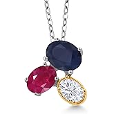 925 Silver and 10K Yellow Gold Blue Sapphire Red Ruby and White Moissanite Pendant Necklace For Women (3.30 Cttw, Oval 8X6MM, 7X5MM and 6X4MM, Gemstone September Birthstone, with 18 Inch Chain)