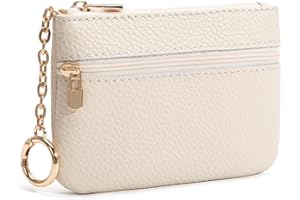 LARENNT Full Grain Leather Coin Purse with Keychain - 2 Zippered Pockets Mini Coin Pouch Card Holder Keychain Pouch Keychain Wallet - Small Change Purse for Women and Men (Off White)