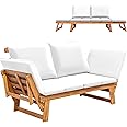Greesum Patio Convertible Couch Sofa Bed with Adjustable Armrest, Acacia Wood Outdoor Daybed with Cushion & Pillow, Folding Chaise Lounge Bench for Porch Courtyard Poolside，White