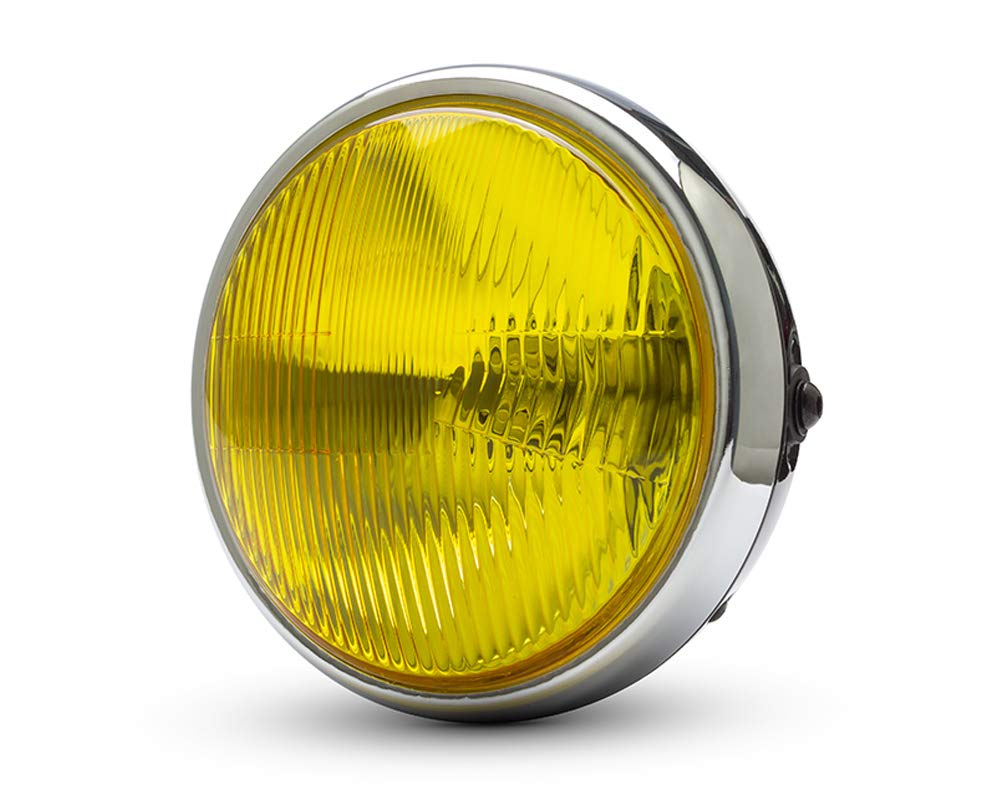 Motorbike Headlight 7.7-Inch 196mm Universal Matt Black Steel | Timeless Design for Scramblers, Cafe Racers | 55W H4 Bulb | Ideal for Retro Café Racer, Roadster and Street Bike (Gloss Black & Chrome)