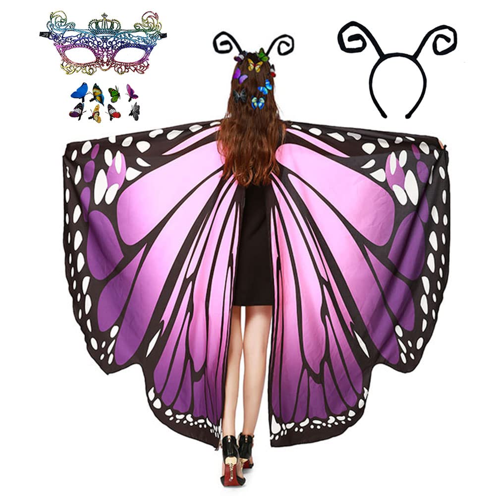 HAPNBCELE Womens Butterfly Wings Costume, Butterfly Cape 11PCS with Lace Masks Hair Clips Halloween Christmas Fairy Cosplay (Purple, 165 x 135cm)