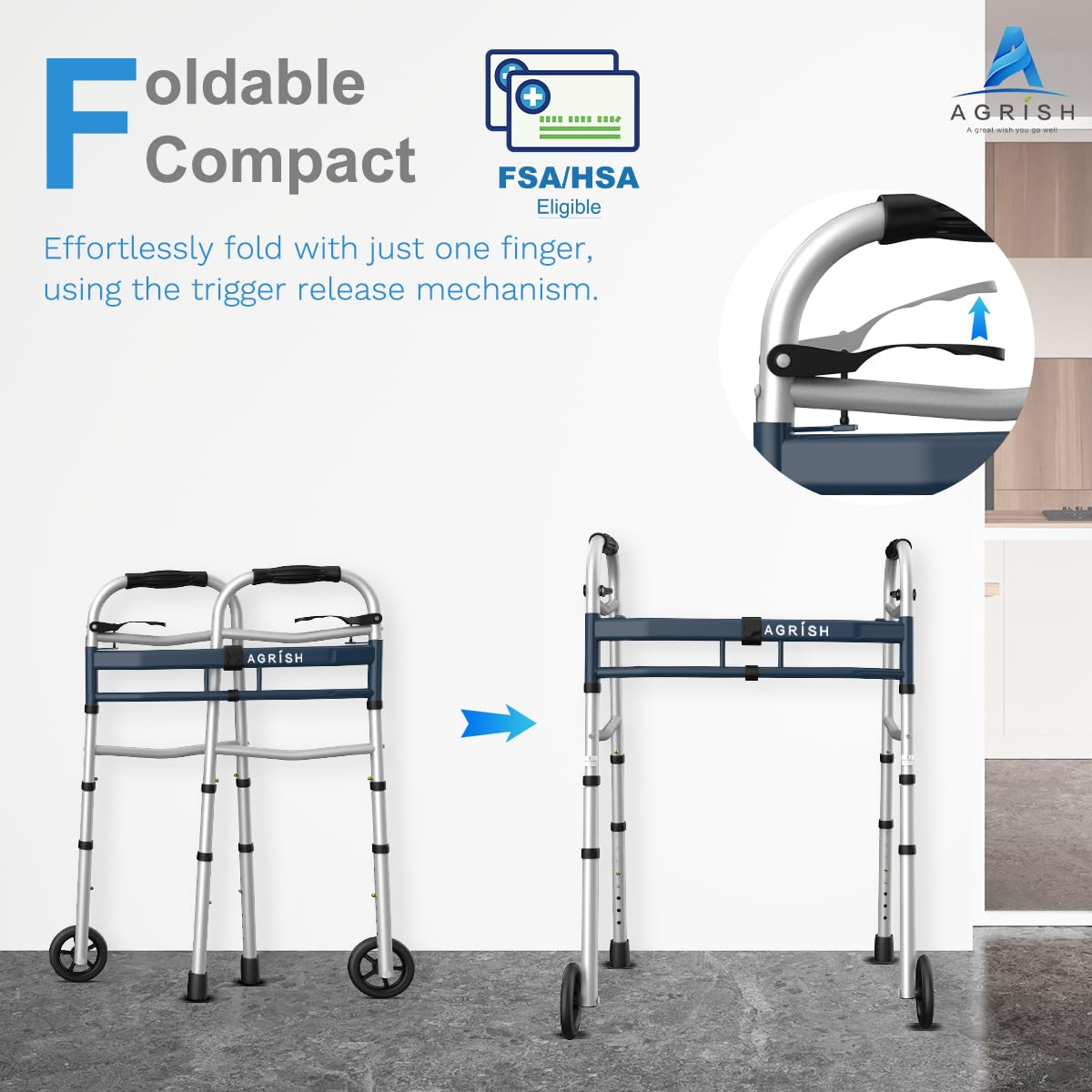 Folding Narrow Walker for Seniors – Width & Height Adjustable Walker, Lightweight Standard Walker for Elderly, Handicapped & Disabled, Fits Narrow Doorways, 350lbs