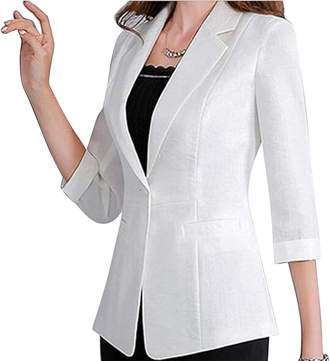 Women's Dress 3/4 Sleeve Cotton Linen 1 Dress Blazer Jacket Coat White