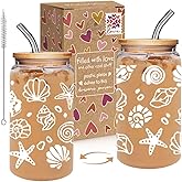 Beach Gifts for Women - Ocean Animals Glass Cup with Lid and Straw, Beach Party Gift Gifts for Teen Girls Valentines Christmas Gift for Mom Wife Sister Friends Colleagues, Coastal Decor for Home